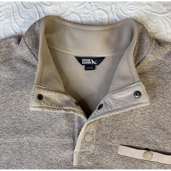 Eddie Bauer Men Heathered Fleece Quarter Snap Pullover Mock Neck Pockets Tan XXL - Picture 4 of 10